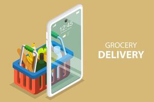 3D Isometric Flat Concept of Grocery Order Mobile App. vector