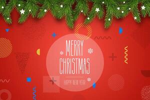 Christmas Composition. Holiday Wishes on Red Background with Fir Branches vector