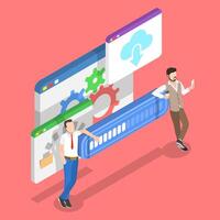 Isometric flat concept of data transfer process, system upgrade. vector