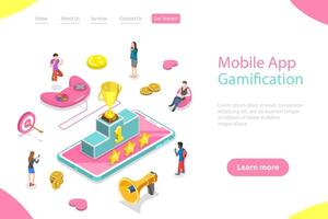 Isometric flat landing page template of interactive content . vector