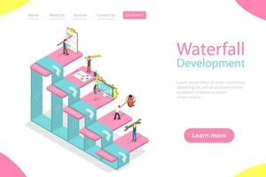 Flat isometric landing page template of waterfall methodology. vector