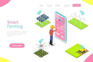 Isometric flat landing page template of smart farming. vector