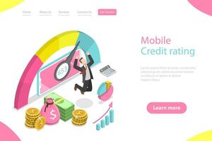 Isometric flat landing page template of mobile credit rating app. vector