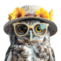 Happy Owl wearing summer glasses and hat on isolated transparent background png