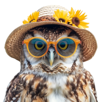 Happy Owl wearing summer glasses and hat on isolated transparent background png