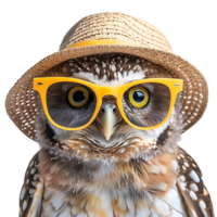 Happy Owl wearing summer glasses and hat on isolated transparent background png