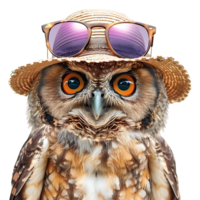 Lycklig Uggla bär sommar glasögon och hatt på isolerat transparent bakgrund png