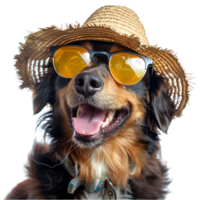 Happy dog wearing summer glasses and hat on isolated transparent background png