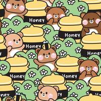 Repeat.Seamless pattern of cute teddy bear in various poses with big honey and flower grass background.Wild animal character cartoon design.Bee.Jungle.Kawaii.Illustration. vector