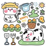 conjunto de linda vaca en granja concepto.animal personaje dibujos animados diseño.maíz,mariposa,flor,montaña,sol mano dibujado.naturaleza.primavera.granjero.kawaii.ilustración. vector