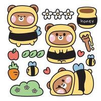 conjunto de linda osito de peluche oso vestir abeja disfraz.salvaje animal personaje dibujos animados diseño colección.flor,hoja,zanahoria,manzana,abeja,miel mano dibujado.naturaleza.kawaii.ilustración. vector