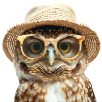 Lycklig Uggla bär sommar glasögon och hatt på isolerat transparent bakgrund png