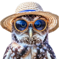 Happy Owl wearing summer glasses and hat on isolated transparent background png