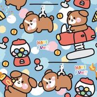 Seamless pattern of cute dog in game zone concept background.Pet animal character cartoon design collection.Fun time.Play.Toy machine.Image for card,poster,sticker,baby product.Kawaii.Illustration vector