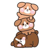 Cute dog stay on top each other greeting.Pet animal character cartoon design.Image for card,poster,sticker,baby clothing,t shirt print screen.Relax.Lay.Kawaii.Illustration. vector