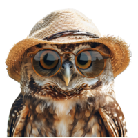 Happy Owl wearing summer glasses and hat on isolated transparent background png