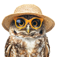 Happy Owl wearing summer glasses and hat on isolated transparent background png