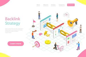 Isometric flat landing page template of backlink strategy, link building. vector
