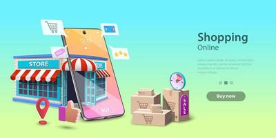 Online Shopping Landing Page Template, Mobile Store Concept, Fast Delivery. vector