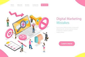 Isometric flat landing page template of digital marketing mistakes. vector