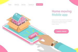 Isometric flat landing page template of home moving mobile order. vector