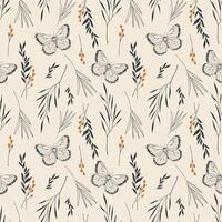 Seamless pattern with hand-drawn leaves, flowers and butterflies. illustration in boho style. vector