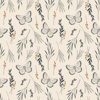 Seamless pattern with hand-drawn leaves, flowers and butterflies. illustration in boho style. vector