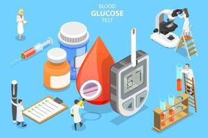 3d isométrica plano concepto de sangre glucosa pruebas, glucómetro mano prueba. vector