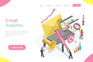 Isometric landing page template of email analytics, digital marketing. vector