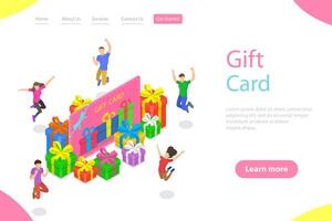 Isometric flat landing page template of gift card, loyalty program. vector