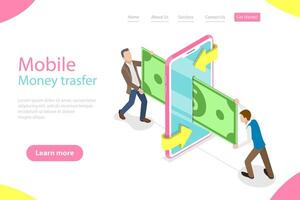 Isometric flat landing page template of mobile money transer. vector