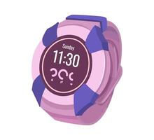 Stylized smartwatch showing time and date with abstract pink and purple design elements. Graphic of modern timepiece. Wrist device for health, pulse and heartbeat control. vector