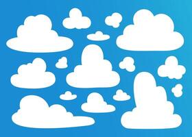 Collection of cartoon clouds silhouettes on blue background. Illustration of sky and weather. Flat style graphic with copy space. vector