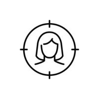 Female user target icon. Simple outline style. Woman, user target, approach, person, centric, graphic, people, business concept. Thin line symbol. isolated. vector