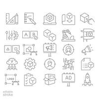 New product development icon set. Simple outline style. Product design, industry, team, accuracy, focus, billboard, business concept. Thin line symbol. isolated. Editable stroke. vector