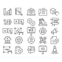 New product development icon set. Simple outline style. Product design, industry, team, accuracy, focus, billboard, business concept. Thin line symbol. isolated. vector