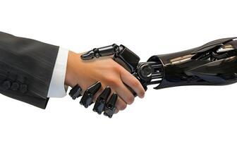 Human hand and robot hand are doing a handshake. Robot and man hands in handshake. photo