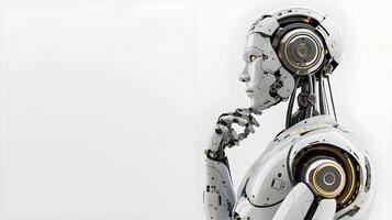 3d rendering humanoid robot thinking. human enhanced. Thinking humanoid side view. photo