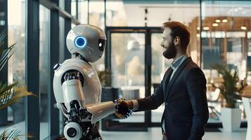 un robot y un hombre sacudir manos en contra el antecedentes de un moderno oficina. empresario sacudida manos con androide robot en moderno oficina edificio. foto