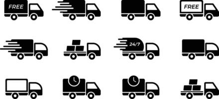 Fast shipping delivery truck with packages icon set. vector