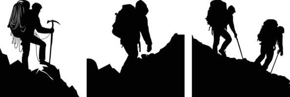 Set of Mountain climbing signs collection. Hiker Silhouettes. vector