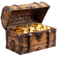 Treasure chest full of gold coins on isolated transparent background png