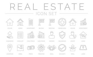 Outline Real Estate Icon Set of Home, House, Apartment, Buying, Renting, Searching, Investment, Choosing, Wishlist, Low High Price, Owner, Insurance, Agent, Loan, Location, Area, Price, Icons. vector