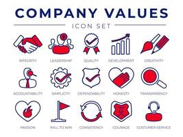 Core Values Retro Icon Set. Integrity, Leadership, Quality and Development, Creativity, Accountability, Simplicity, Transparency, Passion, Will to win, Consistency, Courage and Customer Service Icons. vector