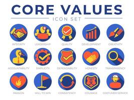 Company Core Values Round Web Icon Set. Integrity, Leadership, Quality and Development, Creativity, Accountability, Simplicity, Dependability, Honesty, Transparency, Passion, Consistency, Icons. vector