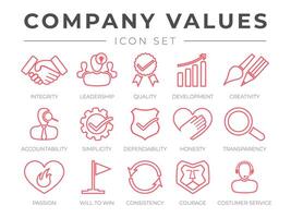 Company Core Values Outline Icon Set. Integrity, Leadership, Quality and Development, Creativity, Accountability, Simplicity, Dependability, Honesty, Transparency, Passion, Will to win, Icons. vector