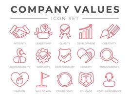 empresa núcleo valores contorno icono colocar. integridad, liderazgo, calidad y desarrollo, creatividad, responsabilidad, sencillez, confianza, honestidad, transparencia, pasión, será a ganar, iconos vector