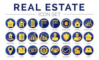 azul amarillo real inmuebles redondo icono conjunto de hogar, dueño, seguro, agente, préstamo, ubicación, son, precio, proceso, trato, tierra, seguridad, iconos vector