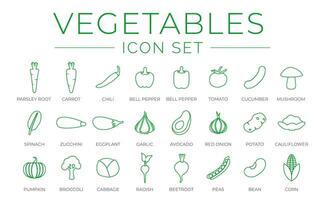 Outline Vegetables Icon Set of Tomato, Cucumber, Mushroom, Spinach, Eggplant, Garlic, Onion, Potato, Tomato, Avocado, Cauliflower, Pumpkin, Broccoli, Cabbage, Radish, Beetroot, Peas, Bean, Corn Icons vector