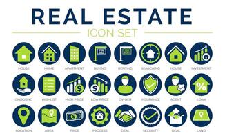 Blue Green Real Estate Round Icon Set of Home, House, Apartment, Buying, Renting, Searching, Wishlist, Owner, Insurance, Agent, Loan, Location, Are, Price, Process, Deal, Land, Security, Icons. vector